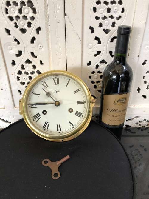 FANTASTIC SCHATZ BRASS SHIPS BULKHEAD CLOCK - CHIMES OUT THE SHIFT CHANGE - FULL WORKING ORDER