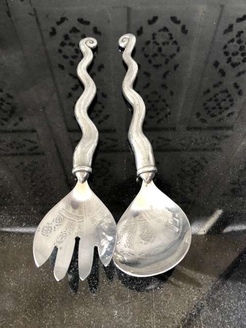 WOW !!! VINTAGE CARROL BOYES PEWTER SALAD SERVERS - WAVE PATTERN