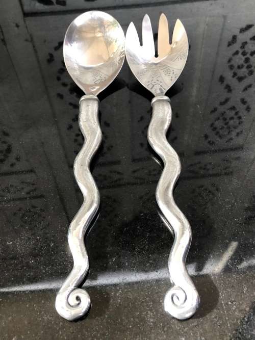 WOW !!! VINTAGE CARROL BOYES PEWTER SALAD SERVERS - WAVE PATTERN