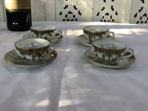 Lot 4 Lovely Delicate Japanese Old Satsuma Marked Gold Gilt Bamboo Pattern Eggshell Porcelain Duos