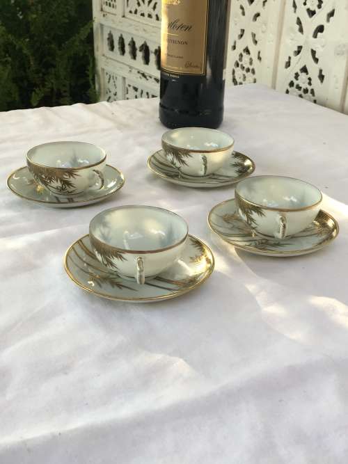 Lot 4 Lovely Delicate Japanese Old Satsuma Marked Gold Gilt Bamboo Pattern Eggshell Porcelain Duos