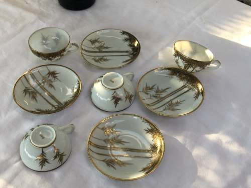 Lot 4 Lovely Delicate Japanese Old Satsuma Marked Gold Gilt Bamboo Pattern Eggshell Porcelain Duos