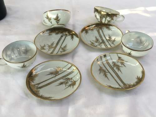 Lot 4 Lovely Delicate Japanese Old Satsuma Marked Gold Gilt Bamboo Pattern Eggshell Porcelain Duos