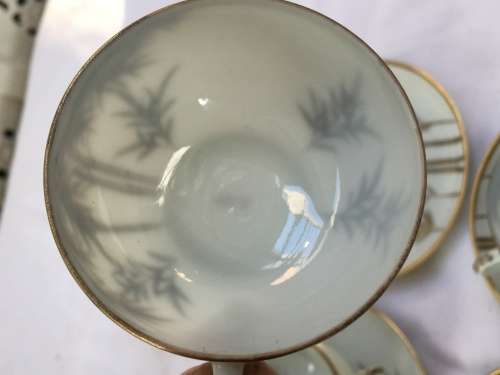 Lot 4 Lovely Delicate Japanese Old Satsuma Marked Gold Gilt Bamboo Pattern Eggshell Porcelain Duos