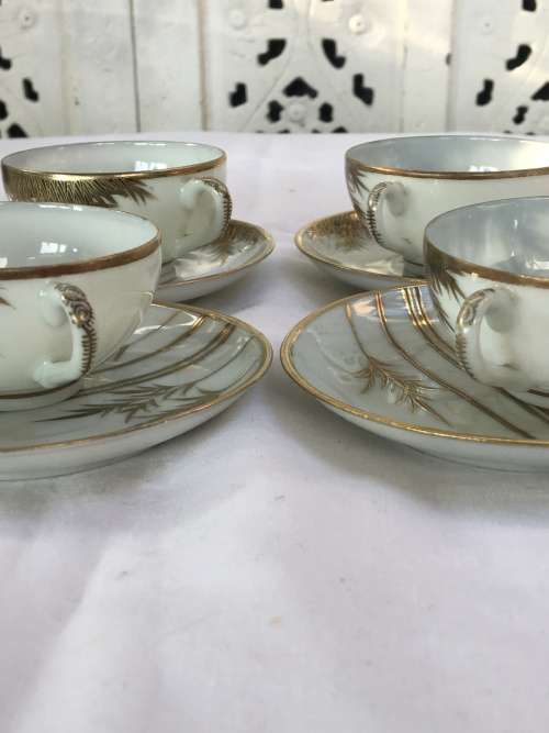 Lot 4 Lovely Delicate Japanese Old Satsuma Marked Gold Gilt Bamboo Pattern Eggshell Porcelain Duos