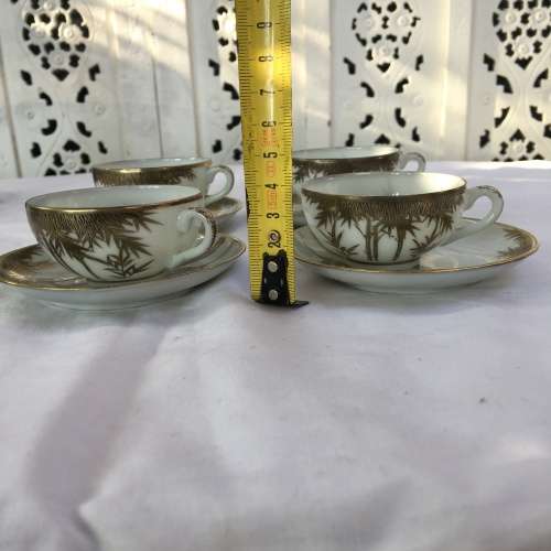 Lot 4 Lovely Delicate Japanese Old Satsuma Marked Gold Gilt Bamboo Pattern Eggshell Porcelain Duos