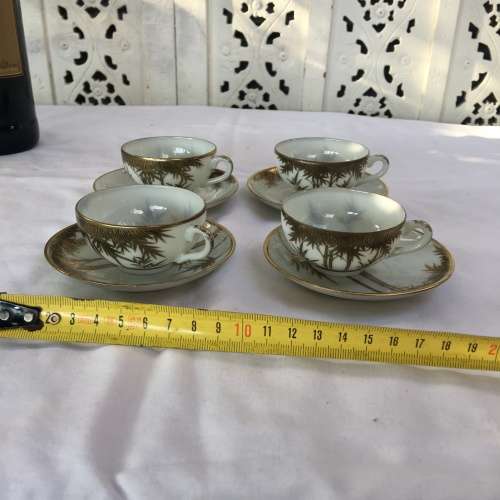 Lot 4 Lovely Delicate Japanese Old Satsuma Marked Gold Gilt Bamboo Pattern Eggshell Porcelain Duos