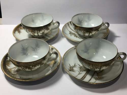 Lot 4 Lovely Delicate Japanese Old Satsuma Marked Gold Gilt Bamboo Pattern Eggshell Porcelain Duos