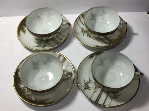 Lot 4 Lovely Delicate Japanese Old Satsuma Marked Gold Gilt Bamboo Pattern Eggshell Porcelain Duos