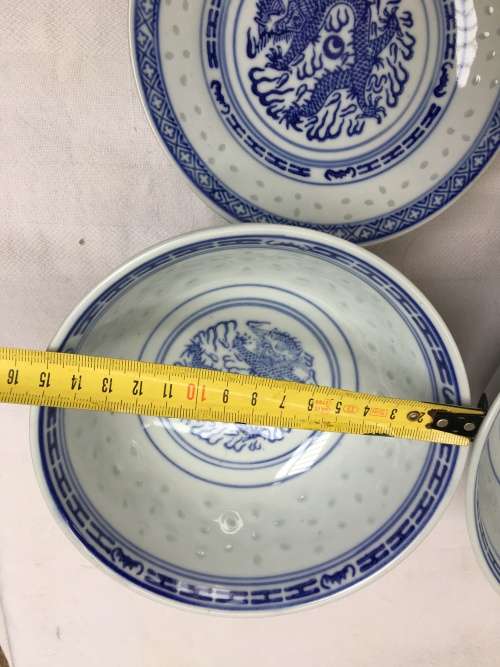 Lot 25 Piece Vintage c1980s Dated Chinese Dragon Rice Grain Pattern Porcelain Tableware set for 4s