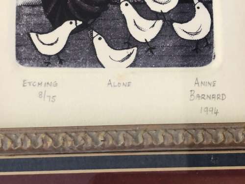 ANINE BARNARD - SA LISTED ARTIST - LTD NUMBERED 8/75 AND SIGNED ETCHING TITLED "ALONE" 1994