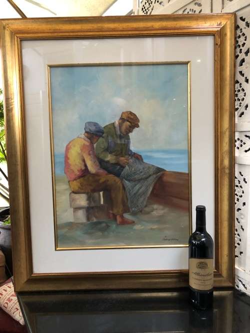 WOW !!! FREDA VAN DER MERWE (1954 -) SA ARTIST - LARGE OIL PAINTING "FISHERMEN" - READY TO HANG