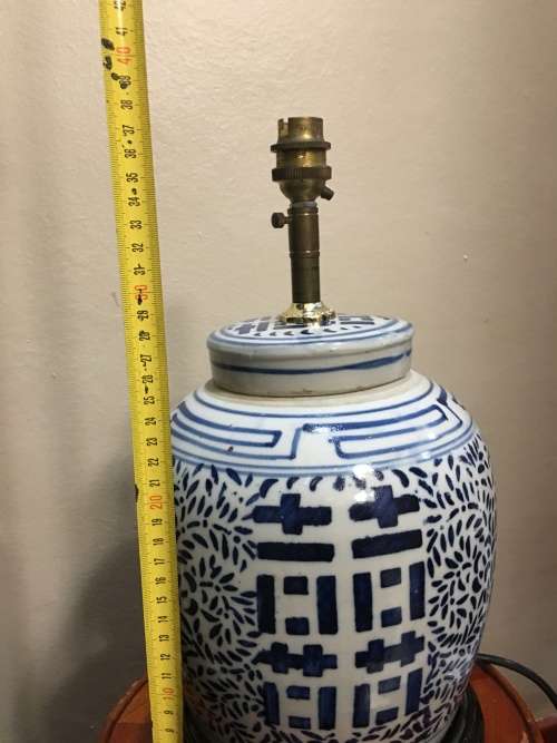 Stunning Large & Heavy Vintage Chinese Double Happiness Porcelain Lamp on Rosewood Stand
