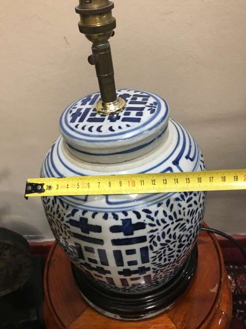 Stunning Large & Heavy Vintage Chinese Double Happiness Porcelain Lamp on Rosewood Stand