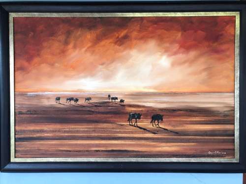 INVESTMENT ART !! SA ARTIST GAVIN COLLINS (1971 - )MASSIVE FRAMED OIL ON CANVAS - WILDEBEEST RED SKY