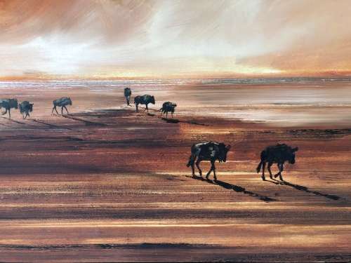 INVESTMENT ART !! SA ARTIST GAVIN COLLINS (1971 - )MASSIVE FRAMED OIL ON CANVAS - WILDEBEEST RED SKY