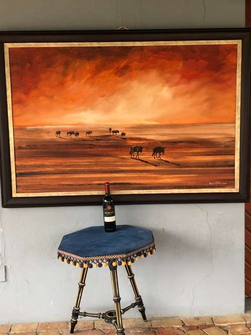 INVESTMENT ART !! SA ARTIST GAVIN COLLINS (1971 - )MASSIVE FRAMED OIL ON CANVAS - WILDEBEEST RED SKY