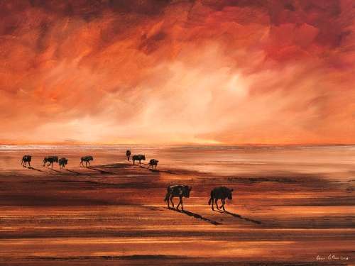 INVESTMENT ART !! SA ARTIST GAVIN COLLINS (1971 - )MASSIVE FRAMED OIL ON CANVAS - WILDEBEEST RED SKY