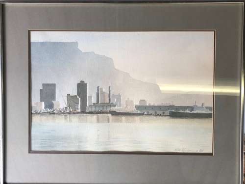 STUNNING ROB KENDERDINE FRAMED WATERCOLOR OF TABLE BAY - DATED 1980