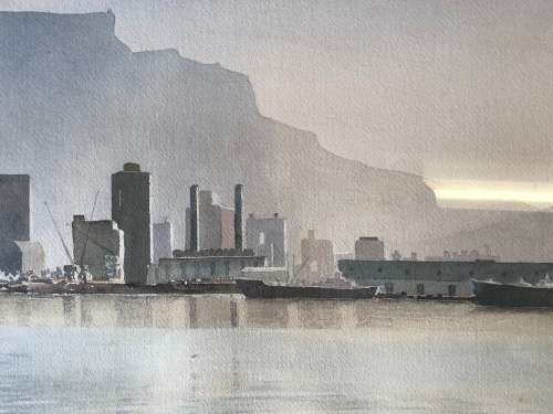 STUNNING ROB KENDERDINE FRAMED WATERCOLOR OF TABLE BAY - DATED 1980