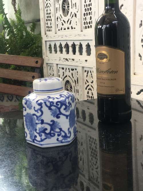Adorable Decorative Chinese Hexagon Floral Blue Hand Painted Porcelain Tea Caddy
