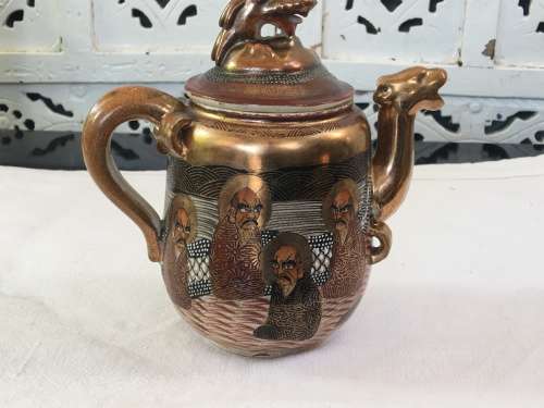 Beautiful Meiji Period Satsuma Shimazu Clan Family Crest, Kazan Moriage Dragon & Gods Tea Ware