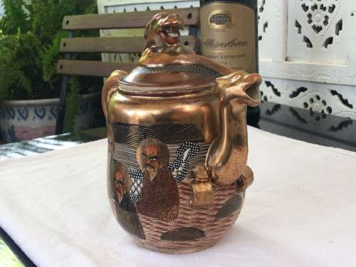 Beautiful Meiji Period Satsuma Shimazu Clan Family Crest, Kazan Moriage Dragon & Gods Tea Ware