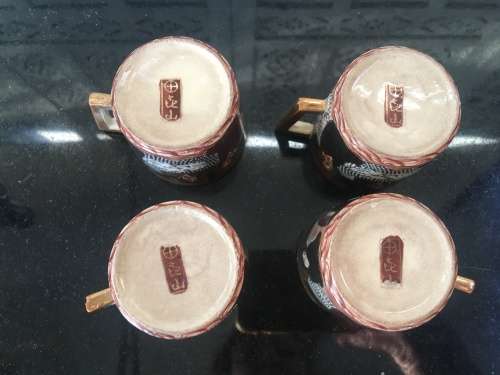 Ultra Rare Japanese  Ryozan Meiji Period Satsuma c1880 Deity & Dragon Morriage Small Cups x 4