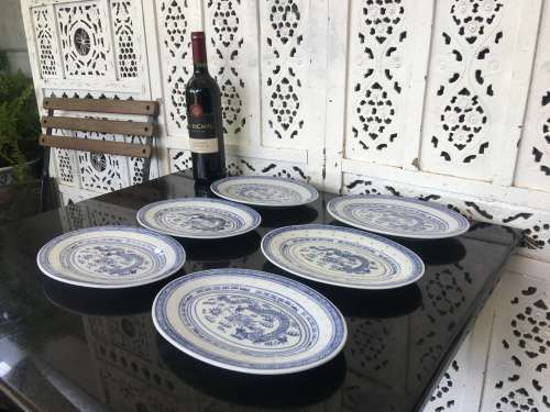 Vintage c1980s Chinese Rice Pattern Dragon Oval 23 cm Porcelain Plates x 6