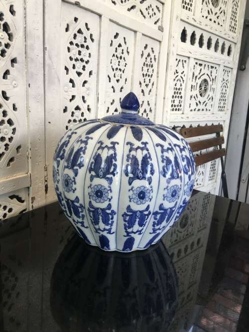 Stunning Large & Heavy Chinese Under Glaze Blue Hand Painted Porcelain Pumpkin Pot