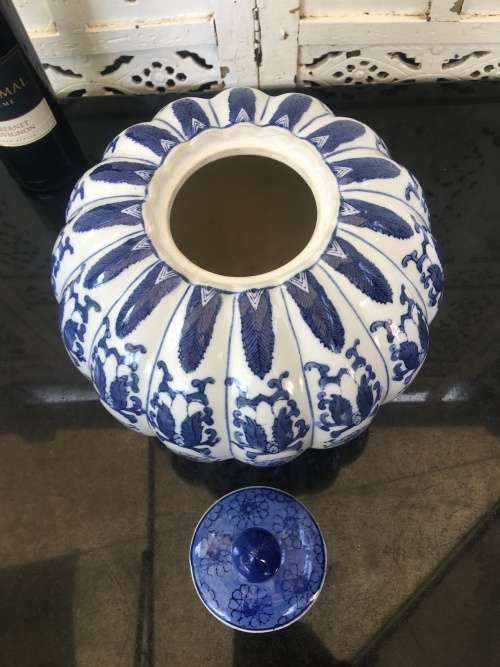 Stunning Large & Heavy Chinese Under Glaze Blue Hand Painted Porcelain Pumpkin Pot