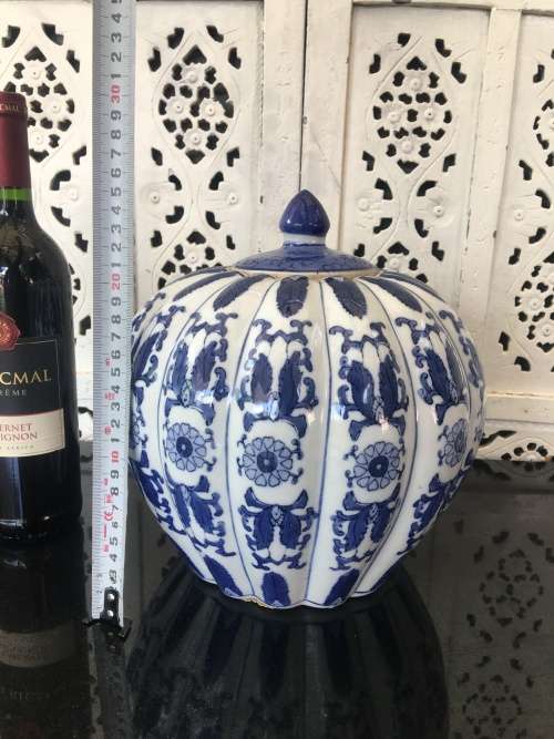 Stunning Large & Heavy Chinese Under Glaze Blue Hand Painted Porcelain Pumpkin Pot
