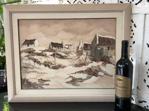 INVESTMENT ART !!! JAN DE WAAL - OIL ON BOARD PAINTING - ARNISTON COTTAGES - NICELY FRAMED