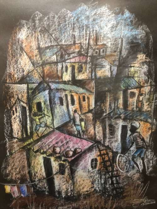 WOW !!! GIBSON MOKHACHANE (1941 -) SA ARTIST - TOWNSHIP SCENE MIXED MEDIA - READY TO HANG
