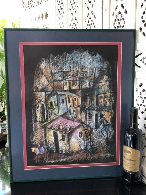 WOW !!! GIBSON MOKHACHANE (1941 -) SA ARTIST - TOWNSHIP SCENE MIXED MEDIA - READY TO HANG
