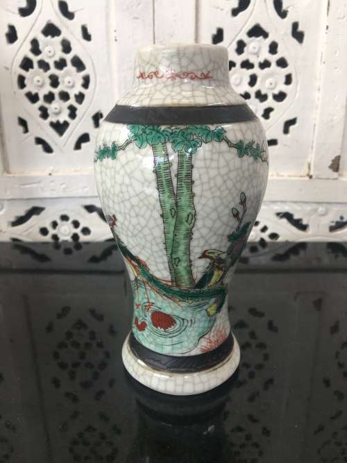 Chinese Imprint Marked,  Nanking Crackle Vase. Haand Painted Birds  & flowers 18 cm High