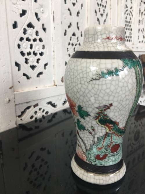 Chinese Imprint Marked,  Nanking Crackle Vase. Haand Painted Birds  & flowers 18 cm High