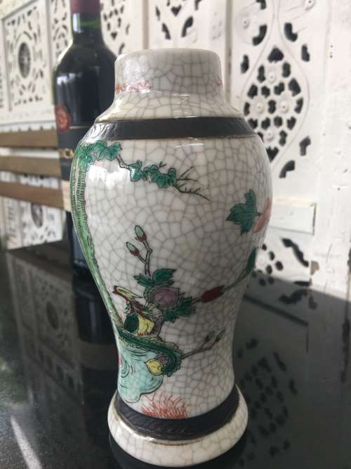 Chinese Imprint Marked,  Nanking Crackle Vase. Haand Painted Birds  & flowers 18 cm High