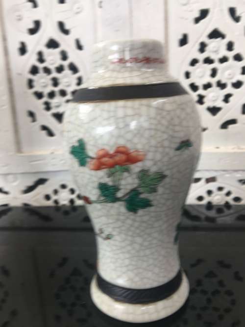 Chinese Imprint Marked,  Nanking Crackle Vase. Haand Painted Birds  & flowers 18 cm High