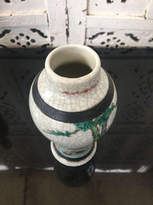 Chinese Imprint Marked,  Nanking Crackle Vase. Haand Painted Birds  & flowers 18 cm High