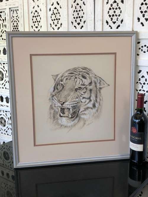 WOW !!! ABSOLUTELY STUNNING ORIGINAL MIXED MEDIA OF A TIGER BY FA BURNLEY DATED 1968