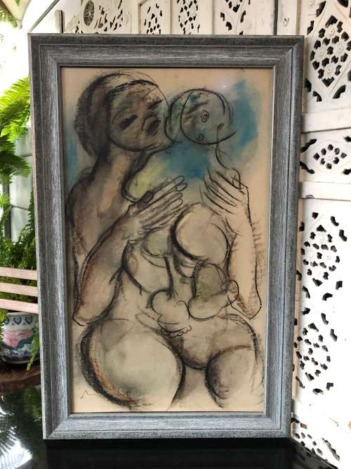 INVESTMENT ART !! FRANS CLAERHOUT (SA 1919 - 2006) - ORIGINAL MIXED MEDIA - MOTHER AND CHILD