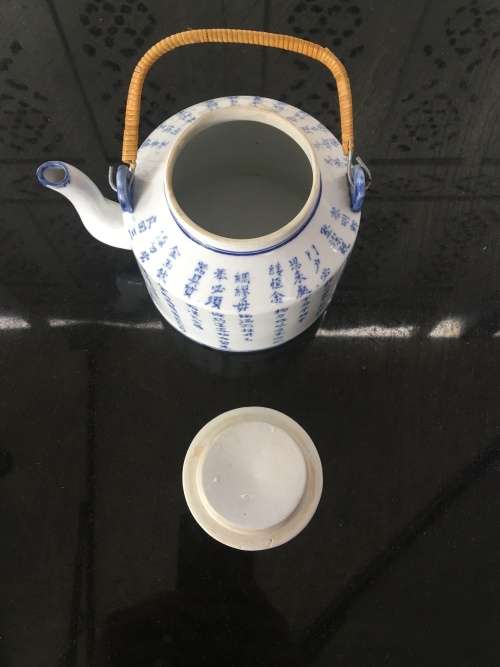 Chinese Blue hand Painted Calligraphy Poem Under Glaze Tea Pot with Old Qianlong marking