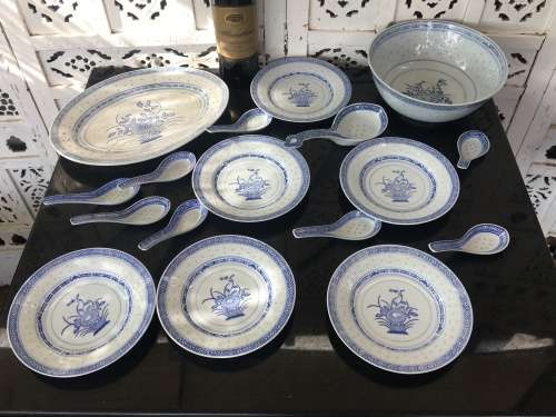 LotVintage Chinese Rice Pattern Porcelain Tableware. Large Platter & Salad Bowl with plates & Spoons