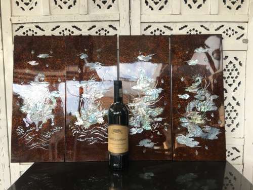 Vintage Chinese Black & Red Lacquered Wall Art Panels With Mother Of Pearl Inlay Mythical Animals