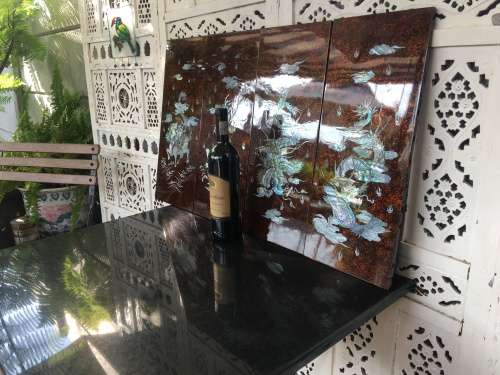 Vintage Chinese Black & Red Lacquered Wall Art Panels With Mother Of Pearl Inlay Mythical Animals