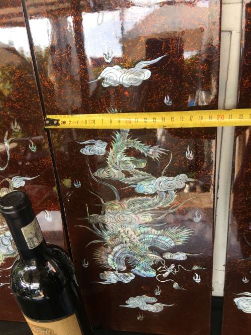 Vintage Chinese Black & Red Lacquered Wall Art Panels With Mother Of Pearl Inlay Mythical Animals