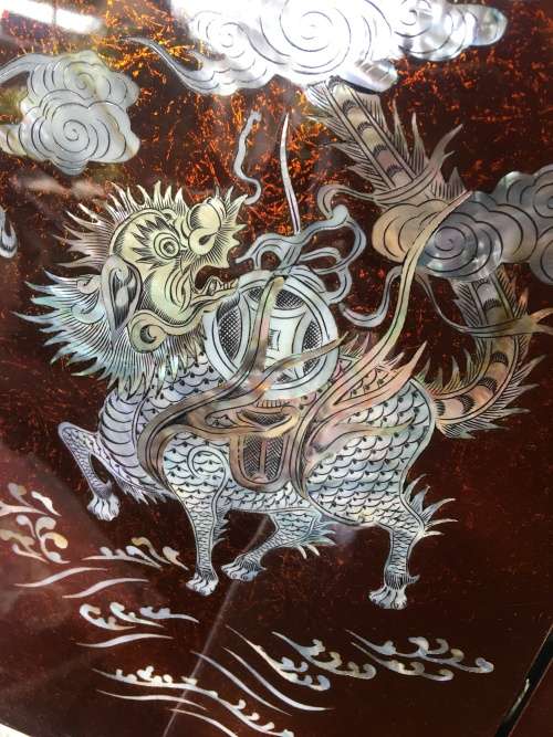 Vintage Chinese Black & Red Lacquered Wall Art Panels With Mother Of Pearl Inlay Mythical Animals