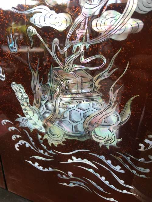 Vintage Chinese Black & Red Lacquered Wall Art Panels With Mother Of Pearl Inlay Mythical Animals
