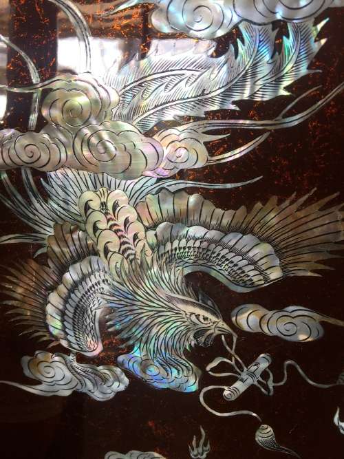 Vintage Chinese Black & Red Lacquered Wall Art Panels With Mother Of Pearl Inlay Mythical Animals